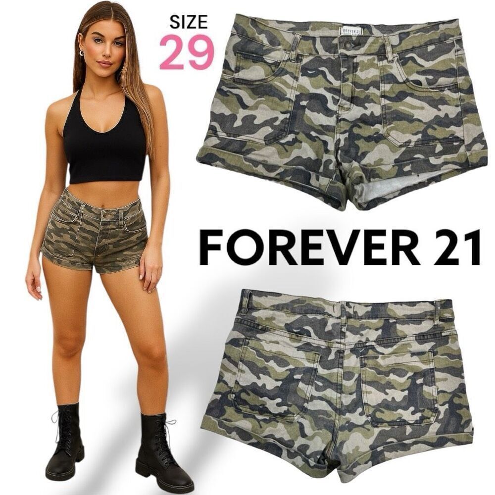 Forever 21 Women's Camouflage Flat Front Cuffed Jean Shorts Green Black Size 29